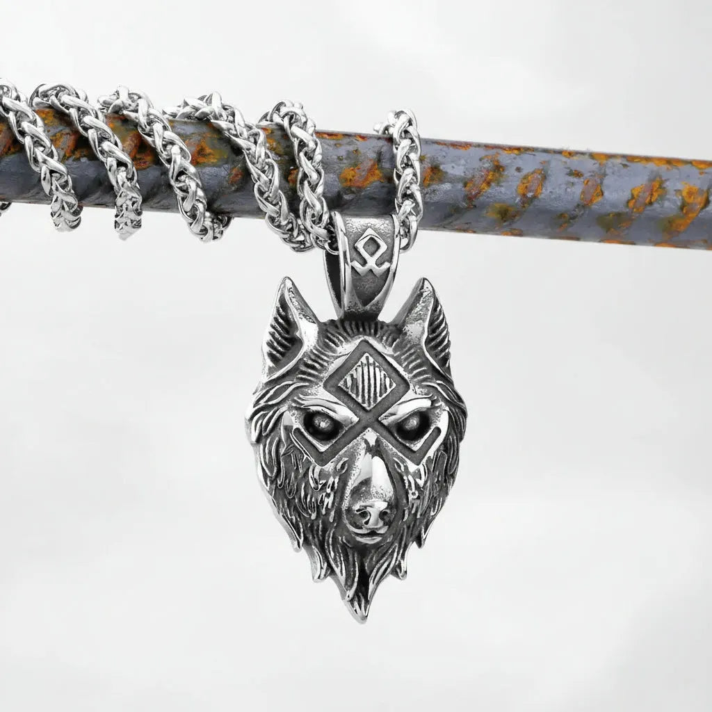 Silver wolf head pendant on a chain against a light background