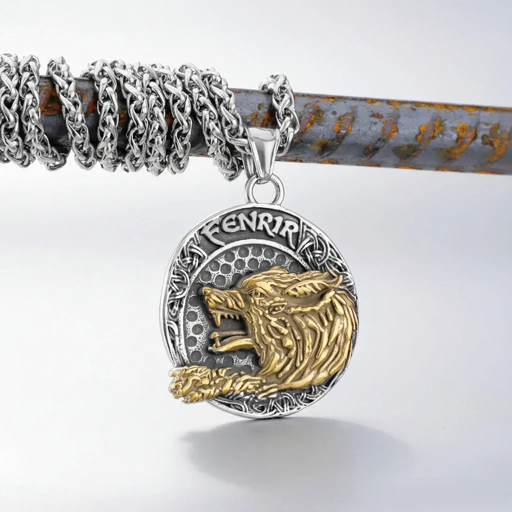 Silver and gold pendant with wolf design on a dark background