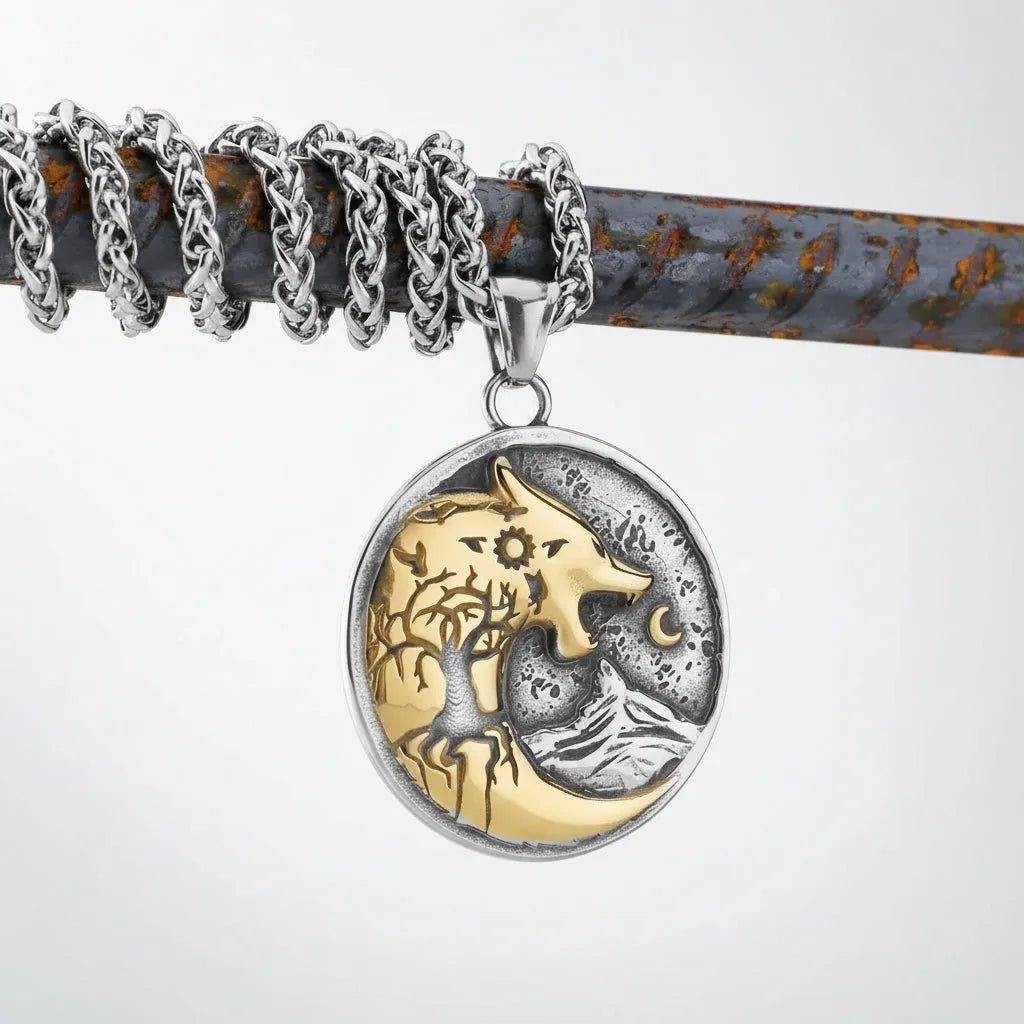 Necklace with a pendant featuring a wolf design on a dark background
