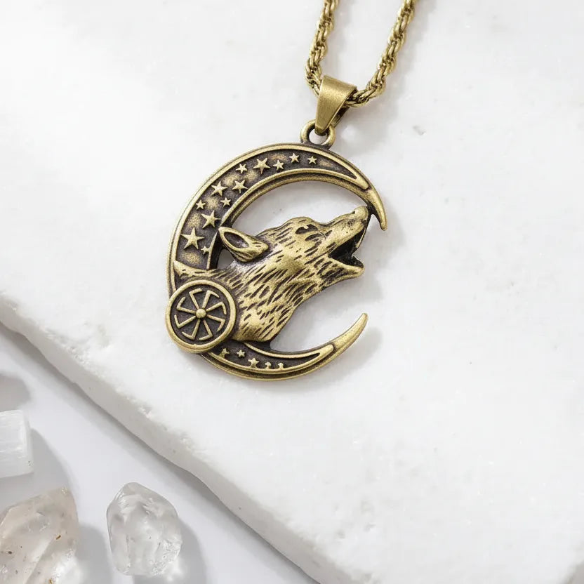 Gold wolf pendant necklace on a white background