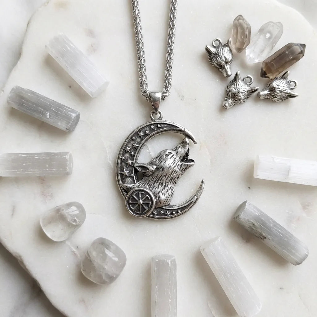 Silver wolf pendant necklace on a marble surface with crystals