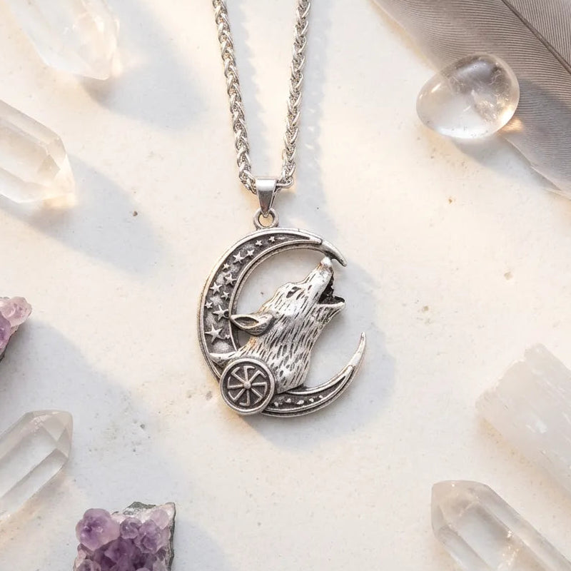 Silver crescent moon and wolf pendant necklace — spirit animal celestial jewelry