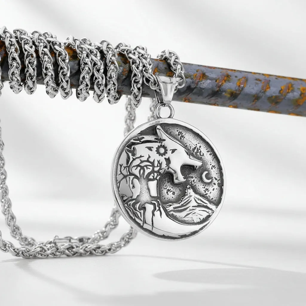 Silver pendant with intricate design on a chain against a light  background