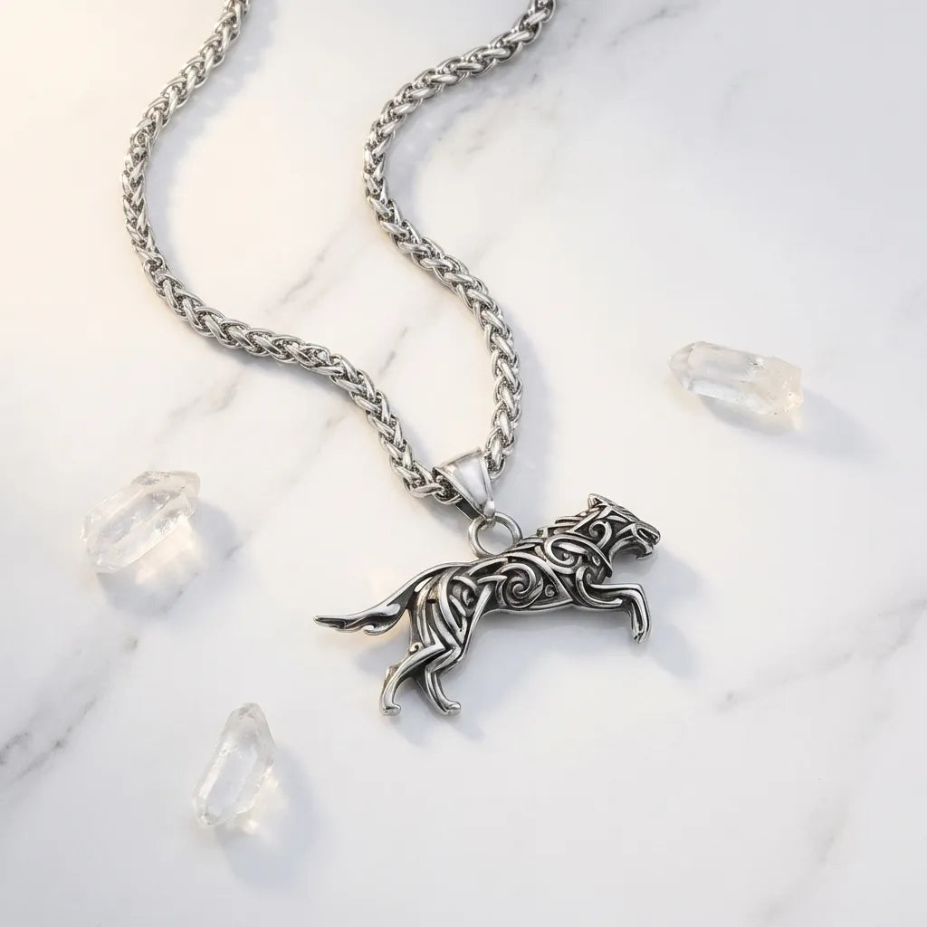 Silver necklace with a detailed wolf pendant on a marble surface.