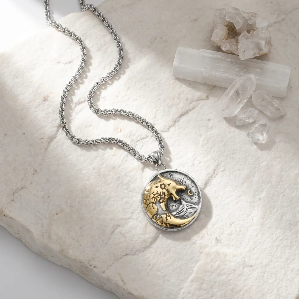 Necklace with a decorative pendant on a stone surface with crystals