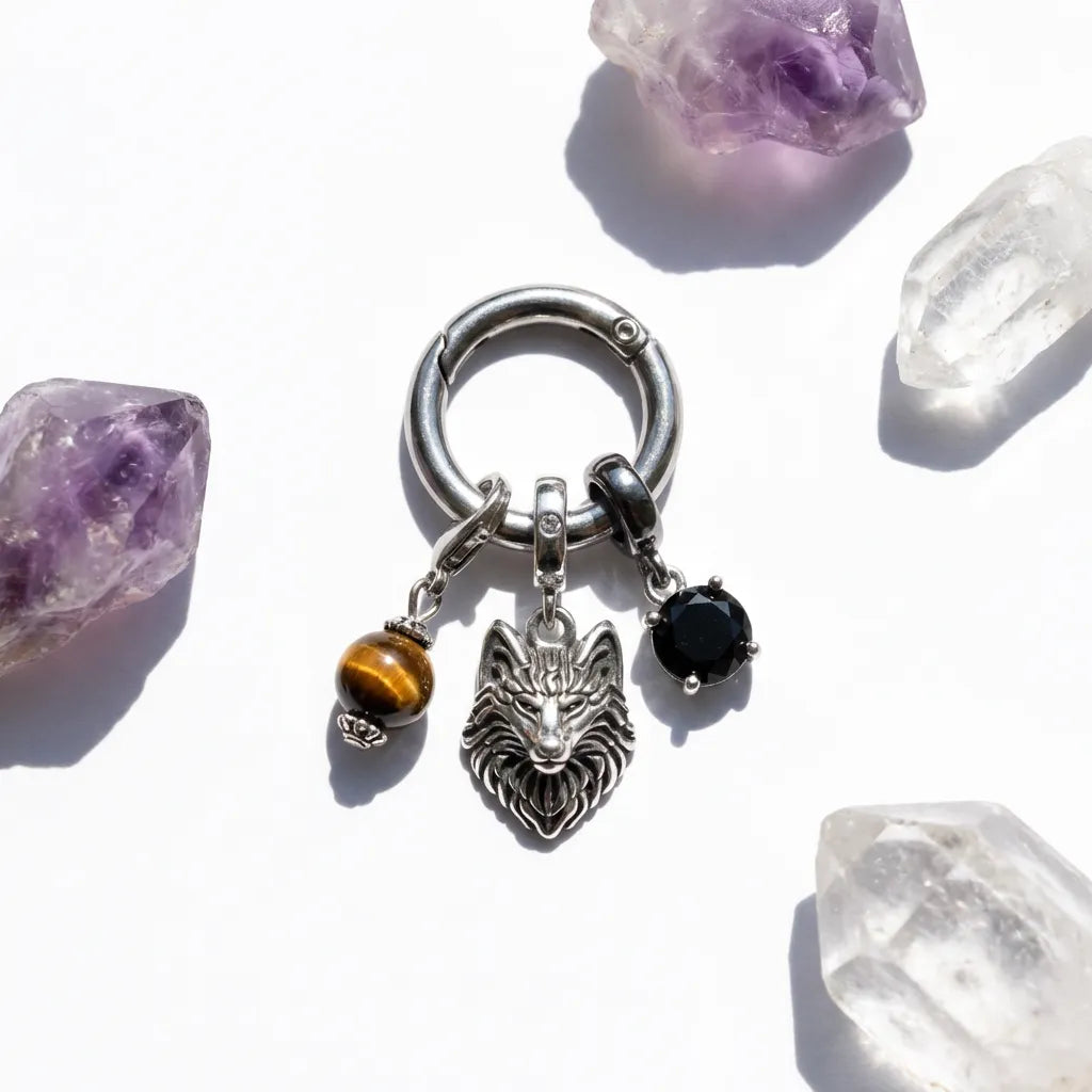 Silver keychain with wolf charm and gemstones on a white background with crystals.