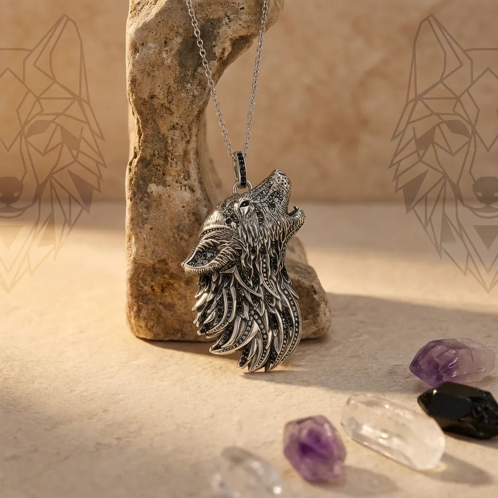 Wolf pendant necklace on a stone stand with crystals and amethysts in the background