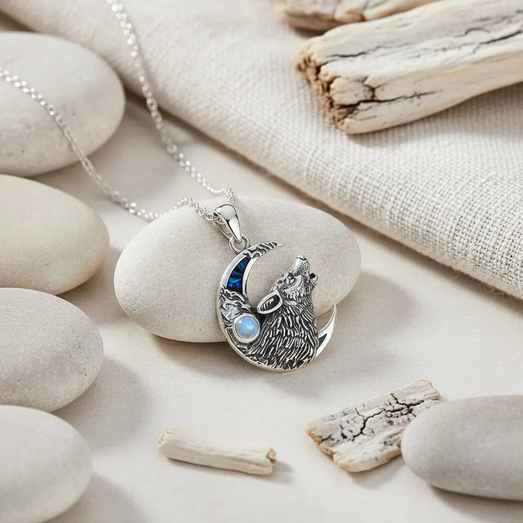 Silver necklace with wolf and moon pendant on a light blue surface with seashells.