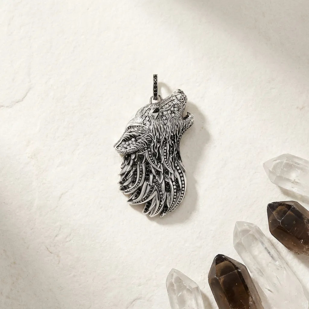 Silver wolf head pendant on a light background with crystals