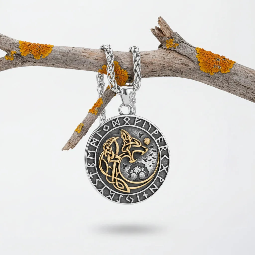 Silver and gold pendant with wolf design on a chain against a dark background