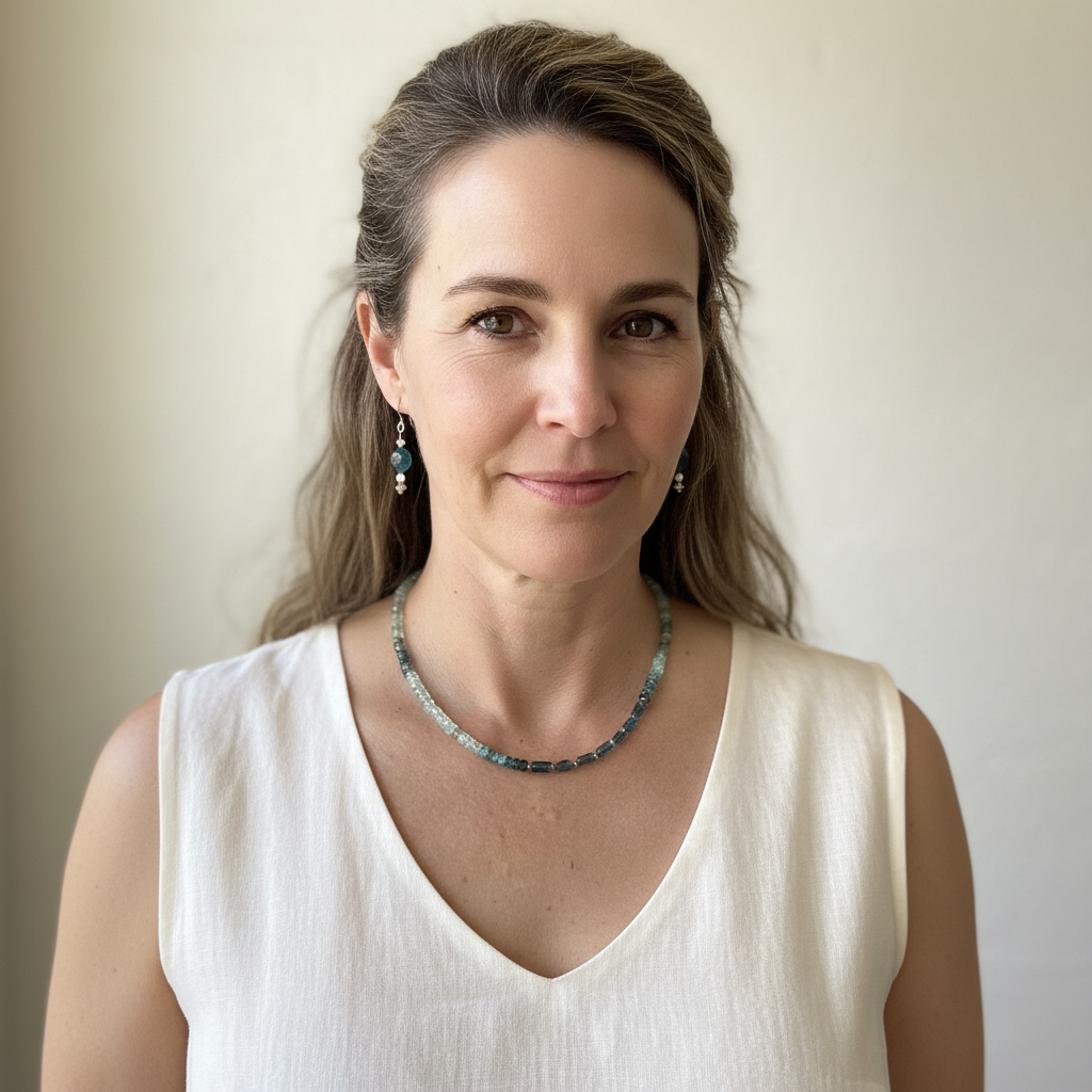 Woman wearing an ombré kyanite beaded necklace with matching teal kyanite coin drop earrings