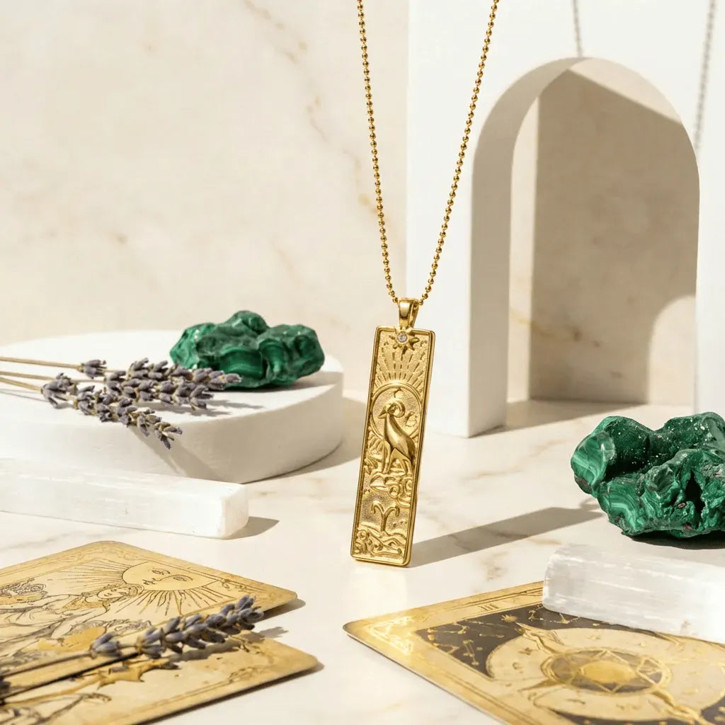 Gold pendant necklace on a table with tarot cards, lavender, and green crystals.