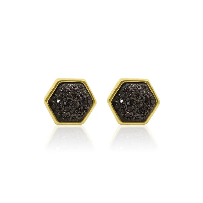 Druzy Hex Black Studs - Gold earrings